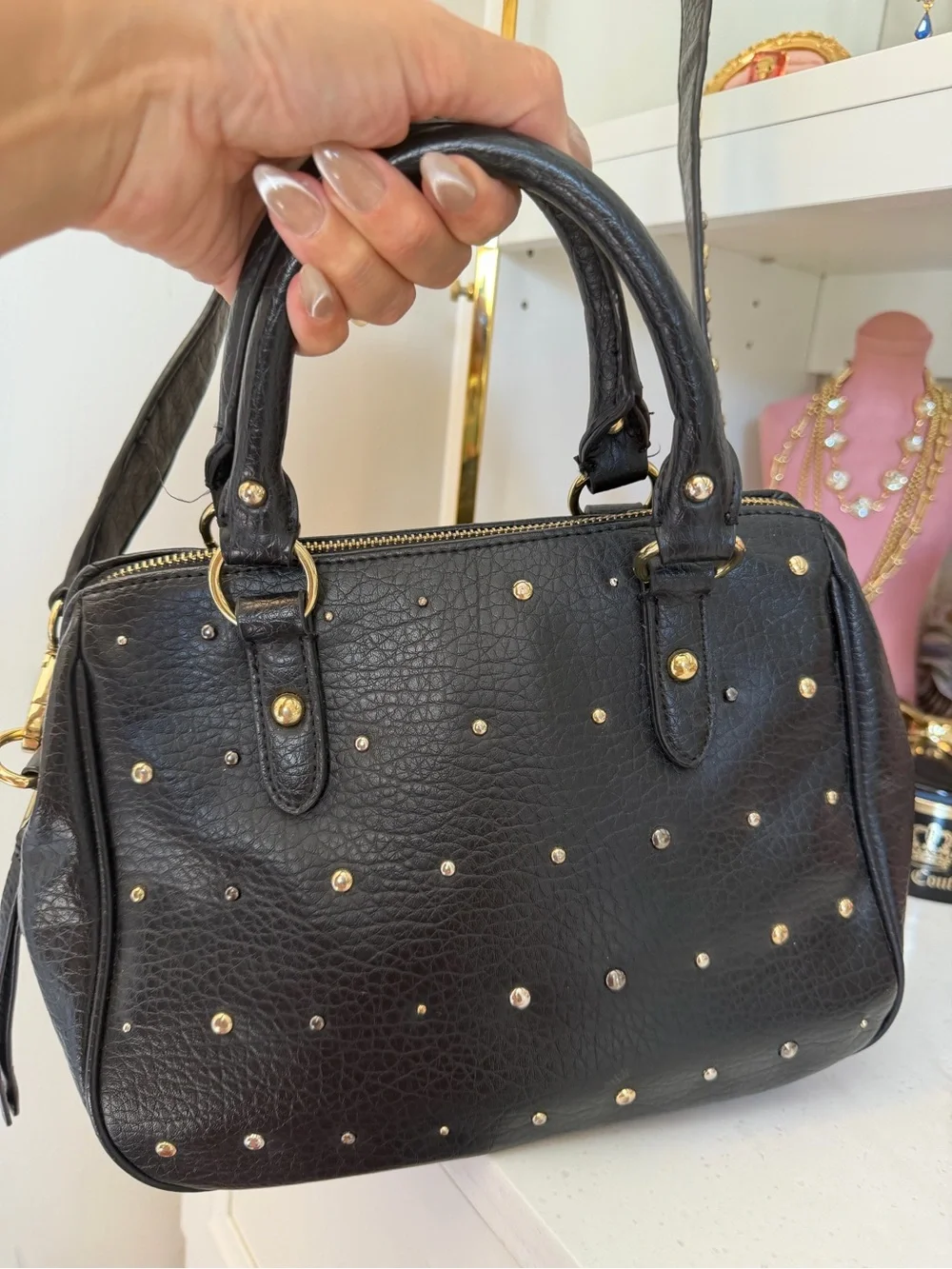 Juicy Couture EUC Black Leather Studded cross body Satchel with Gold Accents